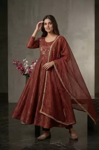 Bronze heavy cosmos silk embroidered anarkali salwar-kameez