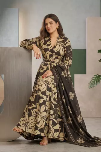 Elegant black muslin digital floral printed anarkali salwar suit with dupatta
