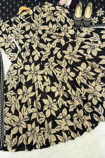 Elegant black muslin digital floral printed anarkali salwar suit with dupatta
