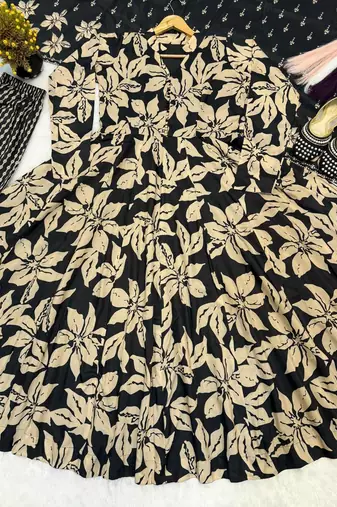 Elegant black muslin digital floral printed anarkali salwar suit with dupatta