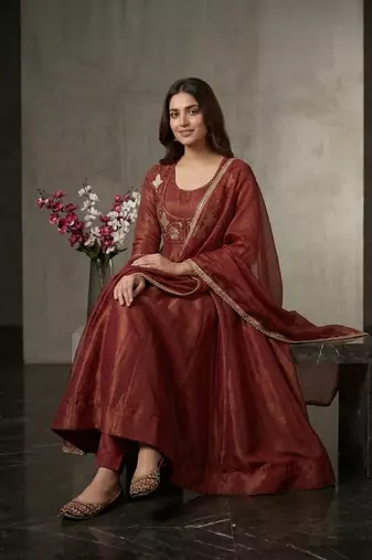 Bronze heavy cosmos silk embroidered anarkali salwar-kameez