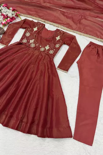 Bronze heavy cosmos silk embroidered anarkali salwar-kameez