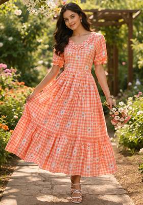 Orange muslin silk printed checked fit and flared dresses 1