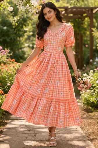Orange muslin silk printed checked fit and flared dresses