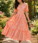 Orange muslin silk printed checked fit and flared dresses