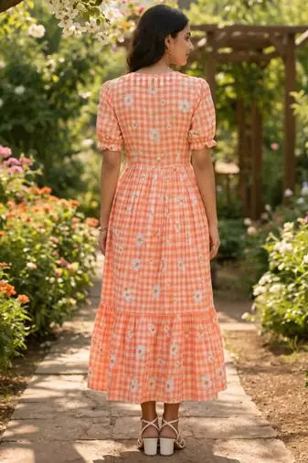 Orange muslin silk printed checked fit and flared dresses