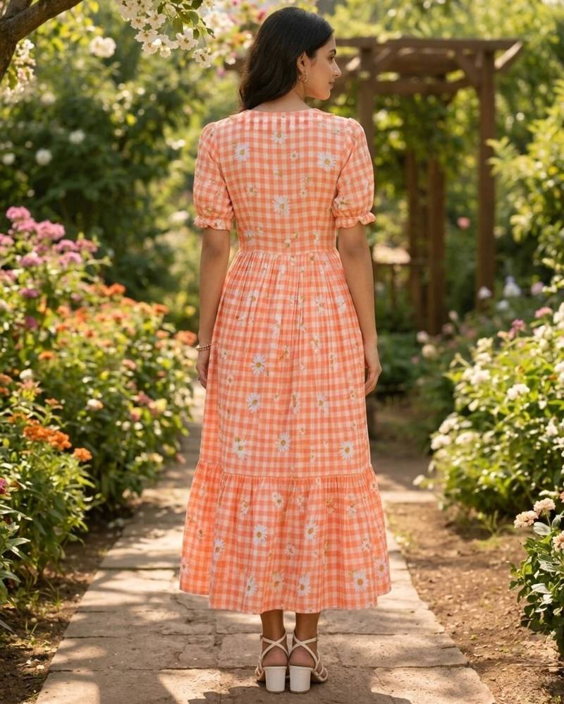 Orange muslin silk printed checked fit and flared dresses