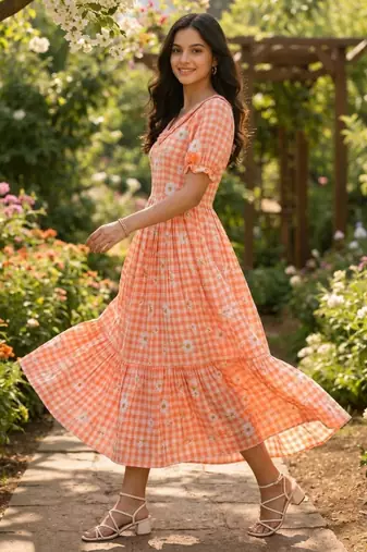 Orange muslin silk printed checked fit and flared dresses