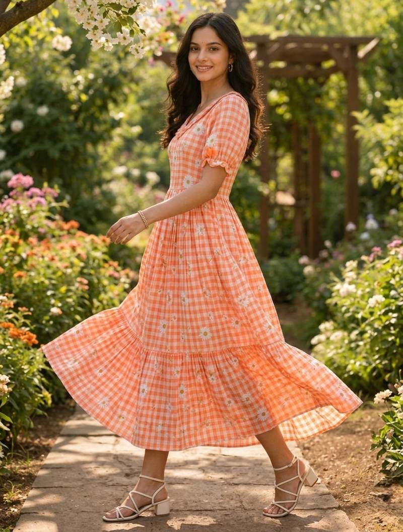 Orange muslin silk printed checked fit and flared dresses