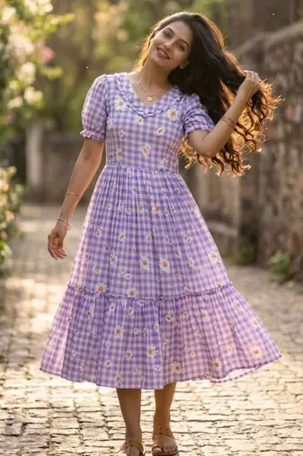 Purple muslin silk printed checked fit and flared dresses