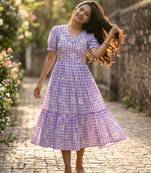 Purple muslin silk printed checked fit and flared dresses