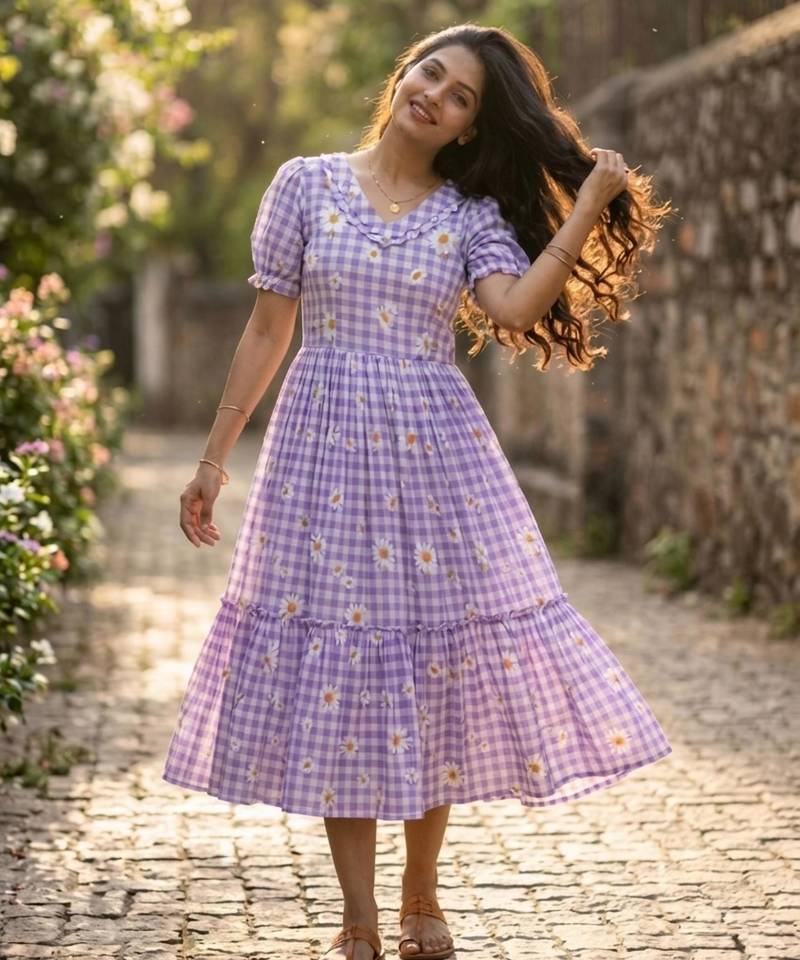 Purple muslin silk printed checked fit and flared dresses