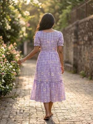 Purple muslin silk printed checked fit and flared dresses 2