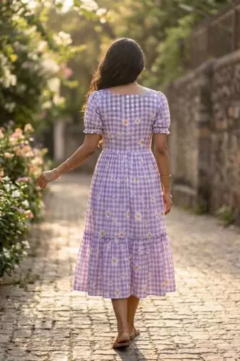 Purple muslin silk printed checked fit and flared dresses