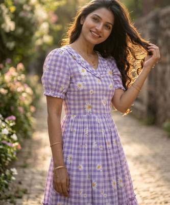 Purple muslin silk printed checked fit and flared dresses 3