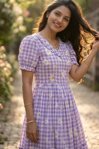 Purple muslin silk printed checked fit and flared dresses