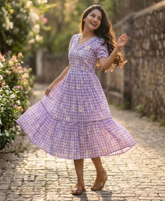 Purple muslin silk printed checked fit and flared dresses 4