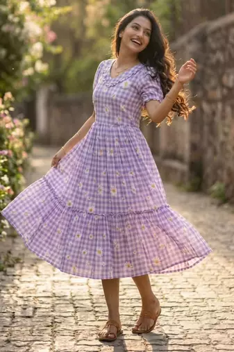 Purple muslin silk printed checked fit and flared dresses