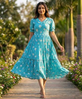 Sky muslin silk printed checked fit and flared dresses 1