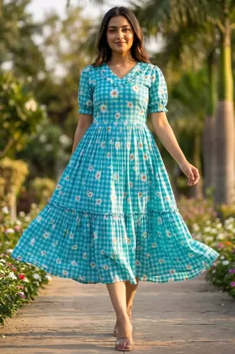 Sky muslin silk printed checked fit and flared dresses