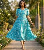Sky muslin silk printed checked fit and flared dresses