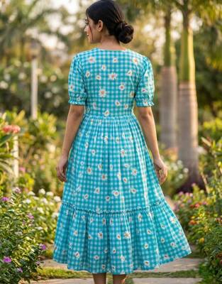 Sky muslin silk printed checked fit and flared dresses 2