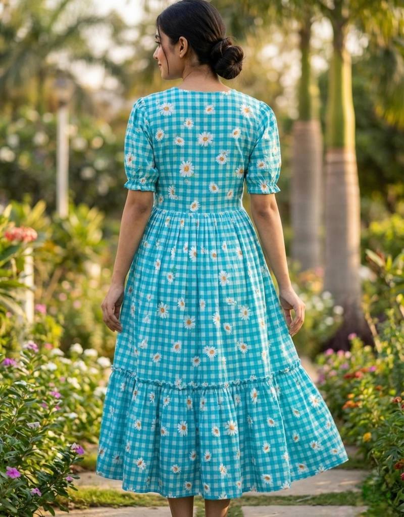 Sky muslin silk printed checked fit and flared dresses