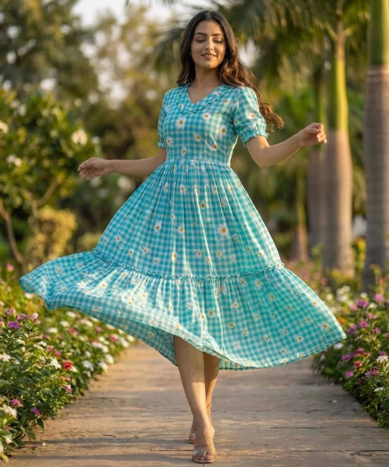 Sky muslin silk printed checked fit and flared dresses