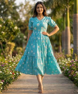 Sky muslin silk printed checked fit and flared dresses 4