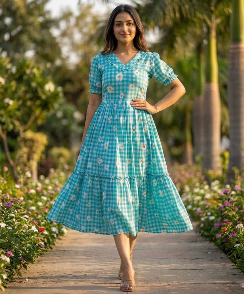 Sky muslin silk printed checked fit and flared dresses