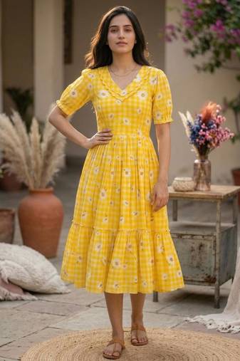 Yellow muslin silk printed checked fit and flared dresses