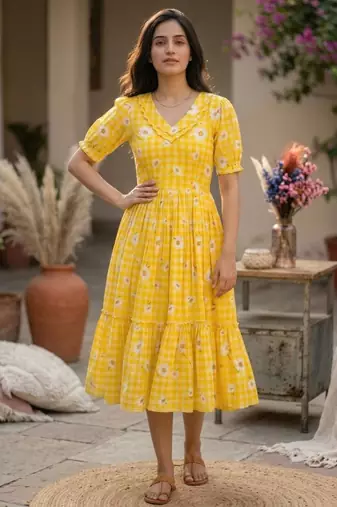 Yellow muslin silk printed checked fit and flared dresses