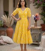 Yellow muslin silk printed checked fit and flared dresses