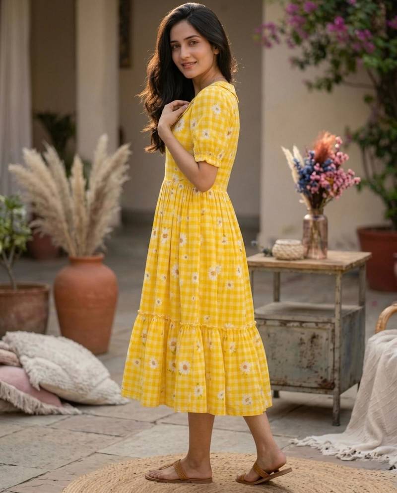 Yellow muslin silk printed checked fit and flared dresses