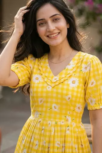 Yellow muslin silk printed checked fit and flared dresses