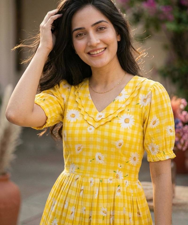 Yellow muslin silk printed checked fit and flared dresses