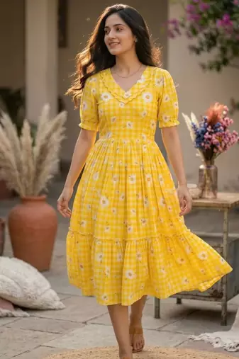 Yellow muslin silk printed checked fit and flared dresses