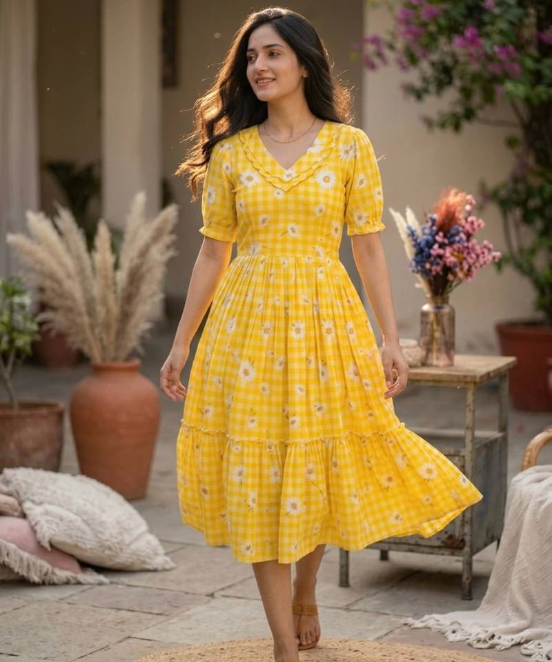 Yellow muslin silk printed checked fit and flared dresses