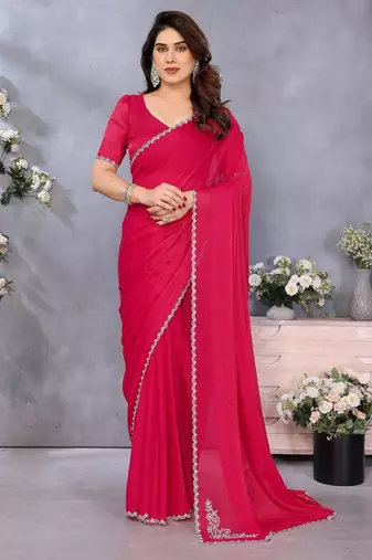 Pink fandy chiffon saree with sequence border and matching blouse piece