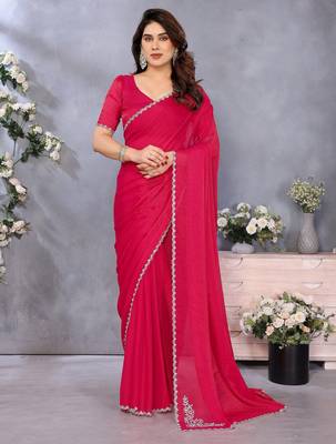 Pink fandy chiffon saree with sequence border and matching blouse piece 3