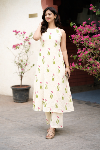 White floral block print cotton co-ord set