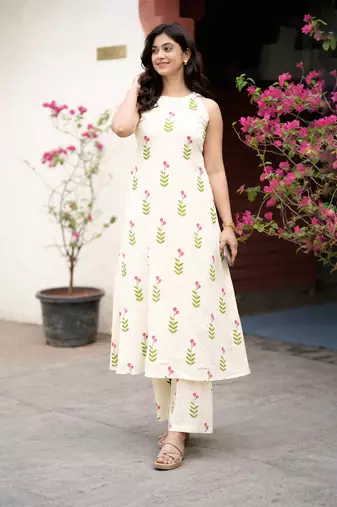 White floral block print cotton co-ord set