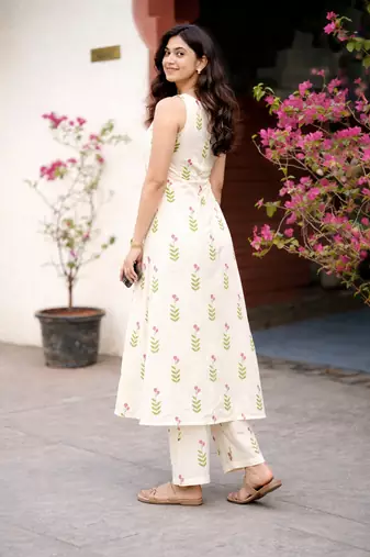 White floral block print cotton co-ord set