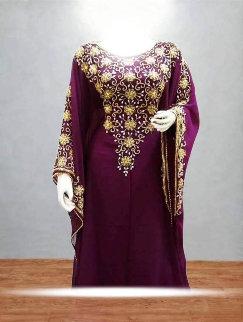 Luxurious Burgundy Kaftan With Gold Work Stitched Dress