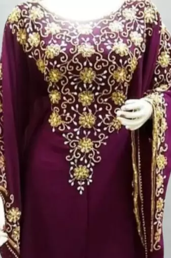 burgundy georgette gold embroidered kaftan dress