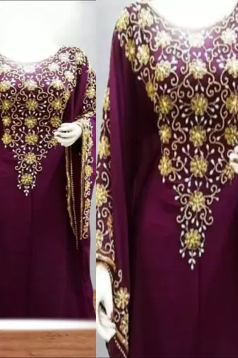 burgundy georgette gold embroidered kaftan dress