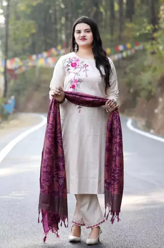 beige cotton kurta set with embroidery & contrast khadi silk dupatta