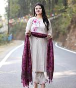 beige cotton kurta set with embroidery & contrast khadi silk dupatta