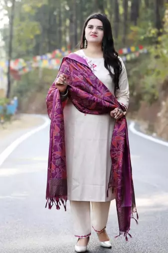 beige cotton kurta set with embroidery & contrast khadi silk dupatta