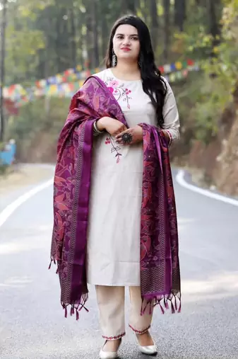 beige cotton kurta set with embroidery & contrast khadi silk dupatta